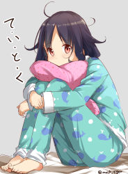 Rule 34 | 10s, 1girl, ahoge, alternate costume, animal print, barefoot, black hair, fish print, full body, grey background, highres, hugging object, hugging own legs, kantai collection, long hair, looking at viewer, max melon, multicolored clothes, musk tiger, pajamas, pillow, pillow hug, print pajamas, red eyes, simple background, sitting, sketch, solo, taigei (kancolle), twitter username
