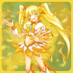 Rule 34 | 10s, 1girl, artist request, blonde hair, boots, bow, brooch, cure sunshine, hair ribbon, heart, heart brooch, heartcatch precure!, knee boots, long hair, magical girl, midriff, myoudouin itsuki, navel, orange bow, orange skirt, outstretched hand, petals, precure, ribbon, skirt, solo, twintails, wrist cuffs, yellow background, yellow bow, yellow eyes, yellow theme