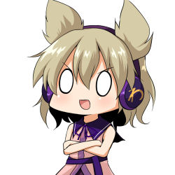 Rule 34 | &gt;:d, 0 0, 1girl, :d, blonde hair, blush, chibi, chipa (arutana), crossed arms, earmuffs, female focus, no nose, open mouth, short hair, simple background, sleeveless, smile, solo, touhou, toyosatomimi no miko, v-shaped eyebrows, white background