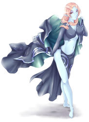 Rule 34 | 1girl, barefoot, blue skin, breasts, cleavage, colored skin, elf, front ponytail, large breasts, long hair, microspace, midna, midna (true), nintendo, orange hair, pointy ears, red eyes, smile, solo, spoilers, the legend of zelda, the legend of zelda: twilight princess