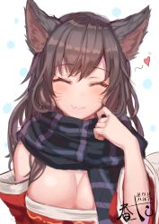 Rule 34 | 1girl, a.t. zero, ahri (league of legends), animal ears, bad id, bad twitter id, blush, breasts, brown hair, cleavage, detached sleeves, closed eyes, facial mark, fox ears, haru ato, heart, highres, large breasts, league of legends, long hair, scarf, smile, solo, upper body, whisker markings