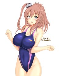 Rule 34 | 1girl, breasts, brown hair, competition swimsuit, cowboy shot, dated, grey eyes, hair between eyes, highleg, highleg swimsuit, highres, impossible clothes, impossible swimsuit, kantai collection, large breasts, montemasa, one-piece swimsuit, ponytail, saratoga (kancolle), side ponytail, sidelocks, simple background, solo, swimsuit, twitter username, white background