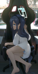 Rule 34 | 1girl, absurdly long hair, absurdres, aris (blue archive), barefoot, blue archive, blue eyes, blue hair, chair, closed mouth, commentary, commentary request, dark blue hair, english commentary, feet, gaming chair, green halo, hair ornament, halo, highres, indoors, keyboard (computer), legs, long hair, mixed-language commentary, monitor, mouse (computer), multiple monitors, no pants, on chair, panties, pantyshot, ryeon (bluetom1), shirt, short sleeves, smile, soles, solo, swivel chair, toes, underwear, very long hair, white panties, white shirt, wooden floor