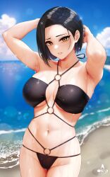 Rule 34 | 1girl, armpits, arms up, bare arms, bare shoulders, bikini, black bikini, black hair, blurry, blurry background, blush, breasts, cleavage, collarbone, cowboy shot, highres, infinote, large breasts, looking at viewer, o-ring, o-ring bikini, ocean, original, outdoors, parted lips, short hair, smile, solo, stomach, swimsuit, water, wet, yashiki yuuko (infinote), yellow eyes