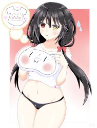Rule 34 | 1girl, :i, black hair, black panties, blush, bow, breasts, cameltoe, clock eyes, commentary request, cowboy shot, date a live, gradient background, hair between eyes, hair bow, heterochromia, highres, large breasts, long hair, navel, no pants, off shoulder, pannko nekoman, panties, parted lips, red background, red bow, red eyes, shirt, simple background, solo, standing, sweatdrop, symbol-shaped pupils, t-shirt, tight clothes, tight shirt, tokisaki kurumi, twintails, undersized clothes, underwear, white shirt, yellow eyes, | |