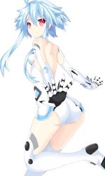 Rule 34 | 10s, 1girl, absurdres, ahoge, ass, back, backless outfit, bare shoulders, blanc (neptunia), blue hair, blush, bodysuit, boots, breasts, cameltoe, elbow gloves, from behind, gloves, highres, looking at viewer, looking back, neptune (series), power symbol, ramu-on@ shinon, red eyes, shiny clothes, shiny skin, short hair with long locks, sideboob, sidelocks, smile, solo, symbol-shaped pupils, thigh boots, thighhighs, transparent background, white heart (neptune)