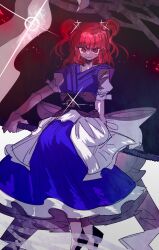 Rule 34 | 1girl, black background, blue dress, closed mouth, coin, dress, hair bobbles, hair ornament, highres, holding, holding scythe, ichirugi, looking at viewer, onozuka komachi, red eyes, red hair, sash, scythe, short hair, short sleeves, smile, solo, standing, touhou, two side up