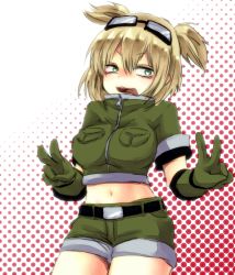 Rule 34 | 1girl, 5jo utage, bel hydra, blonde hair, blood lad, breasts, goggles, goggles on head, green eyes, large breasts, short hair, smile, solo, tongue, tongue out