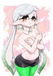 Rule 34 | 1girl, alternate hairstyle, black eyeliner, black shorts, blush, border, breasts, cleavage, closed mouth, collar, collarbone, detached collar, eyeliner, green pantyhose, groin, hand on own chest, highres, inkling, koharu2.5, large breasts, long pointy ears, looking at viewer, makeup, marie (splatoon), mole, mole on breast, mole under eye, multicolored hair, navel, nintendo, outside border, pantyhose, pink pupils, pointy ears, short shorts, shorts, solo, splatoon (series), splatoon 1, star-shaped pupils, star (symbol), symbol-shaped pupils, tentacle hair, thick eyebrows, topless, white border, white collar, wide hips, yellow eyes