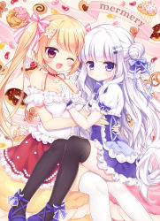 Rule 34 | 2girls, ;3, ;d, arm garter, bare shoulders, beads, between breasts, blonde hair, blue ribbon, blunt bangs, blush, bow, bracelet, breasts, candy, cherry, chocolate doughnut, choker, closed mouth, collarbone, commentary request, cookie, cupcake, double bun, doughnut, dress, fang, fingernails, flower, food, food request, footwear ribbon, frilled dress, frills, fruit, gingerbread man, gloves, hair bun, hair flower, hair ornament, hair ribbon, hairclip, halterneck, hand on another&#039;s chest, hand up, head tilt, icing, jelly bean, jewelry, lace, light smile, long hair, looking at viewer, looking to the side, medium breasts, mitsuba choco, multiple girls, off-shoulder dress, off shoulder, one eye closed, open mouth, original, over-kneehighs, pink eyes, pink ribbon, puffy short sleeves, puffy sleeves, purple bow, purple dress, purple eyes, purple footwear, red choker, ribbon, shiny clothes, shoes, short dress, short sleeves, sitting, sitting on lap, sitting on person, skindentation, smile, sparkle, striped ribbon, swept bangs, thighhighs, twintails, very long hair, wavy hair, white dress, white flower, white gloves, white hair, white legwear