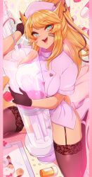 Rule 34 | 1girl, :d, animal ears, bandaid, bandaid on face, black gloves, black ribbon, blonde hair, breasts, brown thighhighs, cat, fox ears, gloves, green eyes, hair ribbon, hand up, hat, heart, highres, holding, jacket, large breasts, long hair, looking at viewer, merunyaa, nurse, nurse cap, open mouth, original, oversized object, pill, pink jacket, ponytail, ribbon, short sleeves, skindentation, slit pupils, smile, solo, syringe, teeth, thighhighs, upper teeth only
