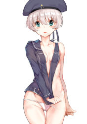 Rule 34 | 10s, 1girl, aqua eyes, arm behind back, bad id, bad pixiv id, blue eyes, blush, breasts, character name, clothes writing, cowboy shot, hair between eyes, hat, hip focus, kantai collection, looking at viewer, military, military uniform, panties, parted lips, sailor hat, short hair, shovelwall, shovelwell, simple background, small breasts, solo, thighs, torn clothes, underwear, uniform, white background, white hair, white panties, z1 leberecht maass (kancolle)
