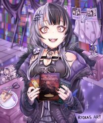 Rule 34 | 1girl, artist name, bare shoulders, black coat, book, bookshelf, breasts, chest belt, choker, clothes pin, clothesline, coat, commentary, drawer, english commentary, food, fur trim, fuwawa abyssgard, fuwawa abyssgard (1st costume), highres, hololive, hololive english, jewelry, koseki bijou, lace, lace-trimmed choker, lace choker, lace trim, ladder, locomotive, long sleeves, looking at viewer, medium breasts, microscope, mococo abyssgard, multicolored hair, nerissa ravencroft, open mouth, photo (object), picture frame, pizza, plate, ring, ryokas art, scissors, shiori novella, shiori novella (1st costume), split-color hair, steam locomotive, striped arm warmers, train, virtual youtuber