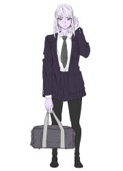 Rule 34 | 1girl, bad proportions, bag, closed mouth, colored skin, earrings, final fantasy, final fantasy xiv, frown, grey eyes, grey hair, grey necktie, highres, holding, holding bag, jewelry, necktie, omega-f, omega (final fantasy), ooshima ryou, pantyhose, purple skin, school bag, school uniform, simple background, skirt, solo, standing, uniform, white background