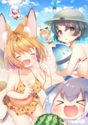 Rule 34 | &gt; &lt;, &gt;xd, 10s, 5girls, :d, ?, animal ears, arare mochiko, bare shoulders, beach, bikini, bikini skirt, black hair, blindfold, blonde hair, blue sky, blush, breasts, bucket hat, chibi, clenched hands, closed eyes, cloud, collarbone, commentary request, day, fang, flying, food, fruit, grey hair, hat, hat feather, head wings, highres, jaguar (kemono friends), jaguar ears, jaguar print, japanese crested ibis (kemono friends), kaban (kemono friends), kemono friends, laughing, looking at viewer, lucky beast (kemono friends), medium breasts, multiple girls, navel, ocean, open mouth, outdoors, print bikini, rectangular mouth, serval (kemono friends), serval print, short hair, sky, small-clawed otter (kemono friends), smile, spoken question mark, swimsuit, tail, v-shaped eyebrows, watermelon, white hair, wings, xd