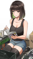 Rule 34 | 1girl, absurdres, alcohol, bare shoulders, beer, beer can, black hair, black thighhighs, bob cut, box, breasts, brown eyes, can, cleavage, computer, denim, denim shorts, drink can, green hair, highres, kneeling, large breasts, legs together, looking at viewer, manual, miru (ormille), mole, mole on breast, mole under eye, multicolored hair, original, ormille, repairing, shorts, smirk, soles, sweatdrop, tank top, thighhighs, thighs