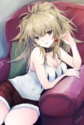 Rule 34 | 1girl, animal ears, arknights, armchair, bare arms, bare shoulders, black choker, breasts, brown eyes, brown hair, candy, chair, choker, cleavage, commentary request, covered navel, dated, food, fur-trimmed shorts, fur trim, hair between eyes, hand up, head tilt, highres, holding, holding food, lion ears, lollipop, long hair, looking at viewer, medium breasts, parted lips, partial commentary, red shorts, short shorts, shorts, siege (arknights), signature, solo, sono kichi, tank top, white tank top