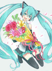 Rule 34 | 1girl, aqua eyes, aqua hair, bad id, bad pixiv id, boots, bouquet, detached sleeves, flower, hatsune miku, headphones, kneeling, long hair, necktie, open mouth, skirt, solo, spring onion, tanaka (colorcorn), thigh boots, thighhighs, twintails, very long hair, vocaloid