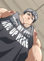 Rule 34 | 1boy, absurdres, bara, biceps, black hair, grey hair, hairy, highres, inunekostudio, large pectorals, looking at viewer, looking down, male focus, manly, mature male, meme, multicolored hair, muscular, muscular male, nipples, original, pectorals, raised eyebrow, smile, solo, spiked hair, tank top, thick arms, thick eyebrows, upper body, veins, yellow eyes