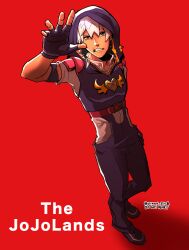 Rule 34 | 1boy, clenched teeth, copyright name, fingerless gloves, full body, gloves, grey hair, hair between eyes, hand up, heart ornament, highres, hood, hood up, hoodie, jodio joestar, jojo no kimyou na bouken, open hand, red background, short sleeves, solo, standing, teeth, the jojolands