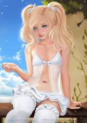 Rule 34 | 1girl, arm support, bench, blonde hair, blue eyes, bow, bow bra, bra, child, closed mouth, collarbone, fingernails, frilled panties, frilled thighhighs, frills, hair bow, long hair, looking at viewer, navel, nefrubi, panties, sitting, skirt, sky, solo, tagme, thighhighs, twintails, underwear, white bow, white panties, white skirt, white thighhighs