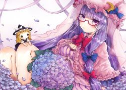 Rule 34 | 1girl, absurdres, apron, bespectacled, black dress, blue bow, blue ribbon, blush, bow, breasts, buttons, cleavage, crescent, crescent hair ornament, dress, flower, frilled dress, frilled sleeves, frills, glasses, hair bow, hair ornament, hat, hat ribbon, highres, hydrangea, kirisame marisa, long hair, looking at viewer, mob cap, pajamas, patchouli knowledge, purple eyes, purple hair, red-framed eyewear, red bow, red ribbon, ribbon, semi-rimless eyewear, short sleeves, smile, solo, striped clothes, striped dress, stuffed toy, touhou, veil, very long hair, waist apron, witch hat, yuma (yuuma pants)