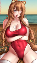 Rule 34 | 1girl, alternate costume, animal ear fluff, animal ears, arms under breasts, baileymcpatty, bare shoulders, beach, blurry, blurry background, blush, breast tattoo, breasts, brown hair, check commentary, chest tattoo, cleavage, collarbone, commentary, commentary request, covered navel, crossed arms, dated, english commentary, hair tubes, highleg, highleg swimsuit, highres, large breasts, long hair, looking at viewer, mixed-language commentary, navel, one-piece swimsuit, one eye closed, open mouth, outdoors, patreon logo, patreon username, raccoon ears, raccoon girl, raccoon tail, raphtalia, red eyes, red one-piece swimsuit, sidelocks, signature, sitting, sky, slave tattoo, solo, swimsuit, tail, tate no yuusha no nariagari, tattoo, thighhighs, tongue, tongue out, wariza, white thighhighs