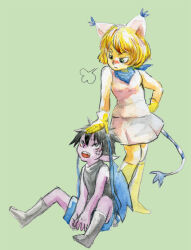 Rule 34 | 1boy, 1girl, digimon, green background, looking at another, personification, picodevimon, simple background, tailmon