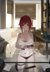 Rule 34 | 1girl, absurdres, ass, breasts, cleavage, couch, danzir, dated, desk, gun, highres, holding, holding weapon, indoors, large breasts, looking down, original, panties, red eyes, red hair, short hair, solo, standing, thigh strap, thighs, underwear, weapon