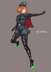 Rule 34 | 1girl, absurdres, android, belt, floating, green eyes, hat, high belt, highres, kuon (kwonchanji), mechanical arms, mechanical legs, military hat, orange hair, outstretched arm, penny polendina, rwby, short cape, simple background, solo