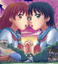 Rule 34 | 1boy, 3girls, bird, black eyes, black hair, cloud, destruction, dove, dusk, forest, giant, giantess, group sex, holding hands, kiss, manzi, multiple giantesses, multiple girls, nature, night, night sky, red eyes, red hair, school uniform, shoes, sky, surreal, threesome, tongue, tongue out, yuri