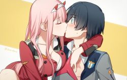 Rule 34 | 10s, 1boy, 1girl, black hair, blue eyes, blush, breasts, cleavage, couple, darling in the franxx, closed eyes, face-to-face, hair ornament, hairband, hand on another&#039;s chest, hetero, hiro (darling in the franxx), horns, kiss, long hair, looking at another, military, military uniform, necktie, oni horns, open clothes, orange neckwear, pink hair, red horns, red neckwear, short hair, sweatdrop, toma (norishio), uniform, white hairband, zero two (darling in the franxx)