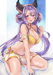 Rule 34 | 1girl, :d, absurdres, animal ears, bare arms, bare legs, bare shoulders, barefoot, bikini, breasts, cleavage, collarbone, detached sleeves, dot nose, frilled skirt, frills, full body, gold trim, granblue fantasy, hand up, highres, large breasts, long hair, looking to the side, mr2d, navel, open clothes, open mouth, pink eyes, purple hair, satyr, satyr (granblue fantasy), seiza, short sleeves, sitting, skirt, smile, solo, spread legs, star (symbol), striped bikini, striped clothes, swimsuit, thighs, twintails, water, white skirt, ||/