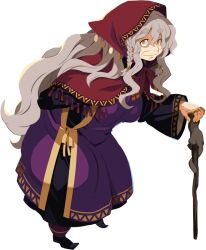 Rule 34 | 1girl, arm behind back, cane, full body, galleria no chika meikyuu to majo no ryodan, grey hair, hair between eyes, harada takehito, holding, holding cane, jewelry, long hair, multiple rings, official art, old, old woman, ring, sidelocks, smile, transparent background, yellow eyes