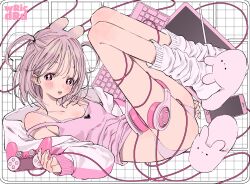 Rule 34 | 1girl, animal ears, bare shoulders, blush, bra, breasts, cable, camisole, cellphone, commentary, controller, full body, game controller, grey hair, headphones, headphones around leg, highres, holding, holding controller, holding game controller, computer keyboard, knees up, looking at viewer, loose socks, monitor, original, panties, parted lips, phone, pink camisole, pink eyes, pink panties, rabbit ears, slippers, small breasts, smartphone, socks, solo, symbol-only commentary, two side up, underwear, wata kinoshi