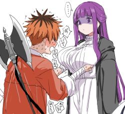 Rule 34 | ..., 1boy, 1girl, axe, battle axe, blush, breast lift, breasts, brown hair, clearite, fern (sousou no frieren), flustered, flying sweatdrops, large breasts, long hair, long sleeves, looking at another, purple eyes, purple hair, robe, shaded face, short hair, simple background, sousou no frieren, speech bubble, stark (sousou no frieren), sweat, weapon, white background