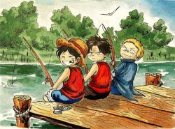 Rule 34 | 3boys, 89139804364, blonde hair, brothers, brown hair, fishing, fishing rod, male focus, missing tooth, monkey d. luffy, multiple boys, one piece, outdoors, portgas d. ace, sabo (one piece), siblings, sitting, water, aged down