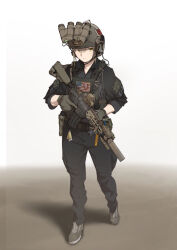 Rule 34 | 1girl, absurdres, american flag, ammunition belt, assault rifle, black pants, black shirt, blonde hair, brown footwear, ear protection, flashlight, full body, glowstick, gun, helmet, highres, holding, holding weapon, laser sight, load bearing vest, looking to the side, m4 carbine, military, military uniform, night vision device, original, pants, pen guin15, radio, rifle, shirt, short hair, sleeves rolled up, solo, suppressor, trigger discipline, uniform, weapon, white background, yellow eyes