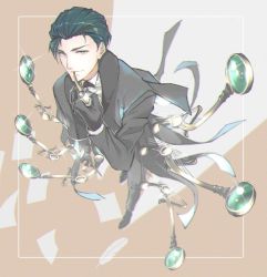 Rule 34 | 1boy, bad perspective, black footwear, black gloves, black hair, black suit, cane, fate/grand order, fate (series), foreshortening, glint, gloves, grey eyes, looking at viewer, magnifying glass, male focus, paper, smoking pipe, pipe in mouth, sherlock holmes (fate), short hair, solo, standing, suit, trstfx (lina)