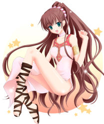 Rule 34 | 1girl, 320yw, armband, brown hair, dress, feet, fire emblem, fire emblem: mystery of the emblem, fire emblem: shadow dragon, gladiator sandals, green eyes, hairband, happy, legs, linde (fire emblem), long hair, nintendo, no panties, pink dress, ponytail, sandals, simple background, solo, star (symbol), thighs, very long hair