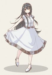 Rule 34 | 1girl, alternate costume, black hair, cocax x, dress, full body, hair between eyes, hair ornament, hairband, hairclip, haruna (kancolle), high heels, highres, kantai collection, long hair, looking at viewer, short sleeves, simple background, smile, solo, standing, standing on one leg, white background, white dress, white footwear, yellow eyes
