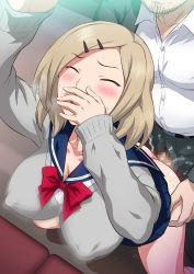 Rule 34 | 1girl, arm up, ass, blonde hair, blue skirt, blush, bow, bowtie, breasts, breath, censored, closed eyes, clothed sex, covered erect nipples, covering own mouth, covering privates, from above, hair ornament, hairclip, highres, jk fuuzoku gakuensai, joy ride, large breasts, legs, medium hair, mosaic censoring, no panties, original, penis, school uniform, sex, skirt, solo focus, standing, thighs, train, train interior, unzipped, vaginal