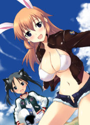Rule 34 | 00s, 2girls, animal ears, bad id, bad pixiv id, bikini, blush, bomber jacket, breasts, cat ears, charlotte e. yeager, cleavage, day, denim, denim shorts, francesca lucchini, helmet, jacket, kyogoku shin, large breasts, multiple girls, navel, no panties, open clothes, open fly, open jacket, open shorts, rabbit ears, rabbit girl, shorts, strike witches, swimsuit, twintails, unzipped, world witches series