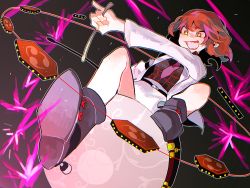 Rule 34 | &gt;:d, 1girl, :d, breasts, drum, drumsticks, grin, horikawa raiko, instrument, jacket, lightning, mitsudomoe (shape), necktie, open mouth, plaid, plaid shirt, red eyes, red hair, shirt, short hair, sitting, sitting on object, skirt, smile, solo, tabun (osoracu), thick eyebrows, tomoe (symbol), touhou, v-shaped eyebrows