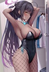 Rule 34 | 1girl, ahoge, armpits, arms up, black hair, black leotard, blue archive, blush, breasts, cleavage, commentary request, covered navel, dark-skinned female, dark skin, fishnet pantyhose, fishnets, gloves, halo, highres, karin (blue archive), karin (bunny) (blue archive), large breasts, leotard, locker, locker room, looking at viewer, melopun, pantyhose, sideways glance, solo, strapless, strapless leotard, tying hair, white gloves