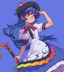 Rule 34 | 1girl, :3, black hat, blue hair, blush, bow, food, from below, fruit, fruit hat ornament, hand on headwear, hat, highres, hinanawi tenshi, leaf, long hair, peach, peach hat ornament, puffy short sleeves, puffy sleeves, rainbow order, red eyes, shirt, short sleeves, skirt, smile, soemy, solo, sword of hisou, touhou, very long hair, white shirt