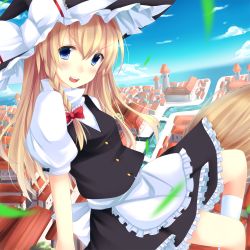 Rule 34 | 1girl, ajiriko, apron, bad id, bad pixiv id, blonde hair, blue eyes, blue sky, bow, braid, broom, broom riding, canal, city, cloud, day, hair bow, hat, hat ribbon, highres, kirisame marisa, knee up, long hair, looking at viewer, ocean, open mouth, puffy short sleeves, puffy sleeves, ribbon, short sleeves, single braid, skirt, skirt set, sky, solo, touhou, tower, vest, waist apron, witch hat