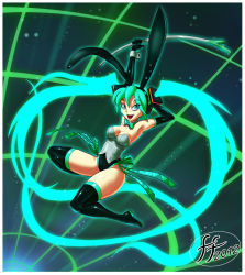Rule 34 | 14-bis, 1girl, adapted costume, animal ears, aqua eyes, aqua hair, armpits, bare shoulders, black gloves, black thighhighs, bow, bowtie, breasts, bustier, cleavage, elbow gloves, fake animal ears, gloves, hair ornament, hatsune miku, headphones, leotard, long hair, open mouth, playboy bunny, rabbit ears, ribbon, solo, spring onion, thick thighs, thighhighs, thighs, twintails, very long hair, vocaloid