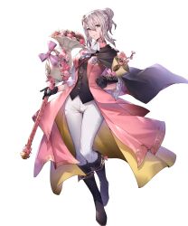 Rule 34 | 1girl, ascot, black footwear, black gloves, boots, bouquet, box, breasts, buttons, capelet, coat, detached sleeves, effie (fire emblem), essual (layer world), female focus, fire emblem, fire emblem fates, fire emblem heroes, flower, full body, gift, gift box, gloves, gold trim, green eyes, hair bun, hair ornament, highres, holding, knee boots, lips, long hair, long sleeves, looking at viewer, medium breasts, nintendo, non-web source, official art, open clothes, pants, pink coat, pink flower, pink rose, rose, sidelocks, smile, solo, transparent background, white flower, white hair, white pants, white rose