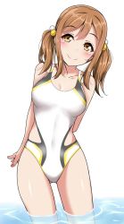 Rule 34 | 1girl, alternate hairstyle, arm behind back, blush, breasts, brown eyes, brown hair, cleavage, clothing cutout, competition swimsuit, covered navel, hair between eyes, hair bobbles, hair ornament, head tilt, kunikida hanamaru, looking at viewer, love live!, love live! sunshine!!, medium breasts, one-piece swimsuit, side cutout, smile, solo, swimsuit, twintails, wading, water, white background, yopparai oni